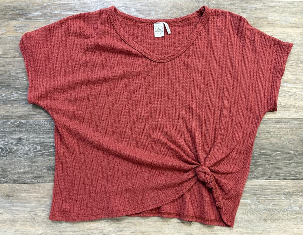 Paper Crane Rust Tie Front Top Medium Boho Waffle Knit Festival Summer Blouse